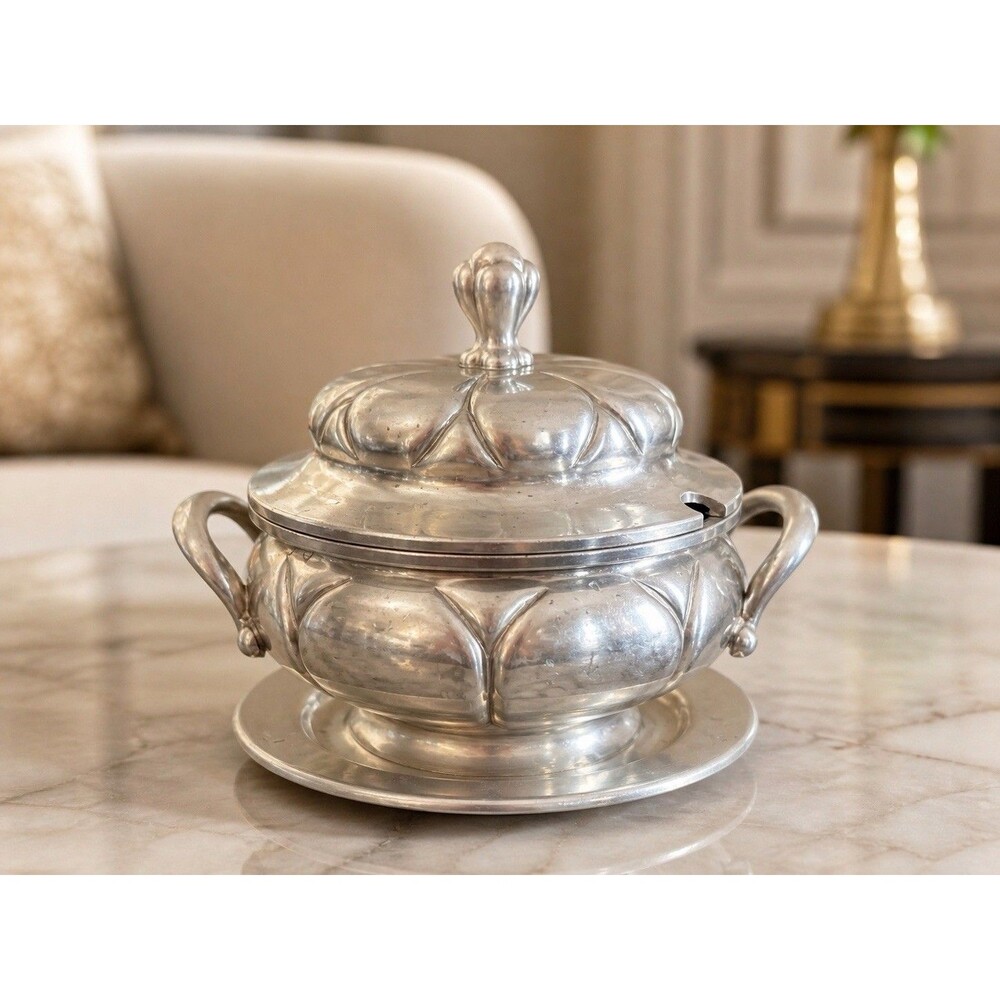 Norway Pewter Covered Tureen and Saucer Stand 5.5 x6" Ecuelle (Tureen of One)